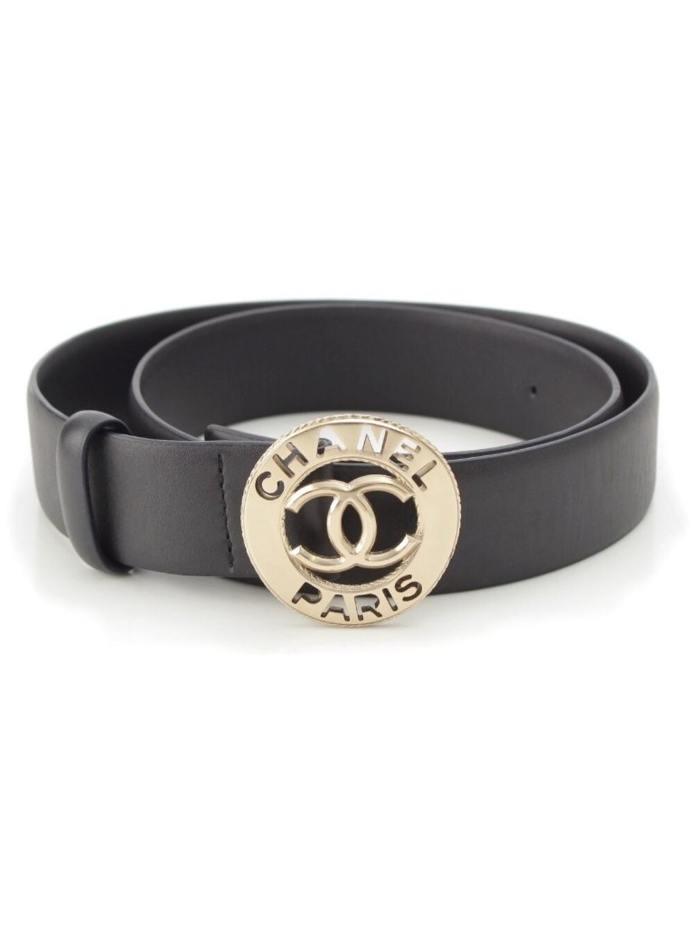Chanel CC Logo Circle Leather Belt Black 75/30